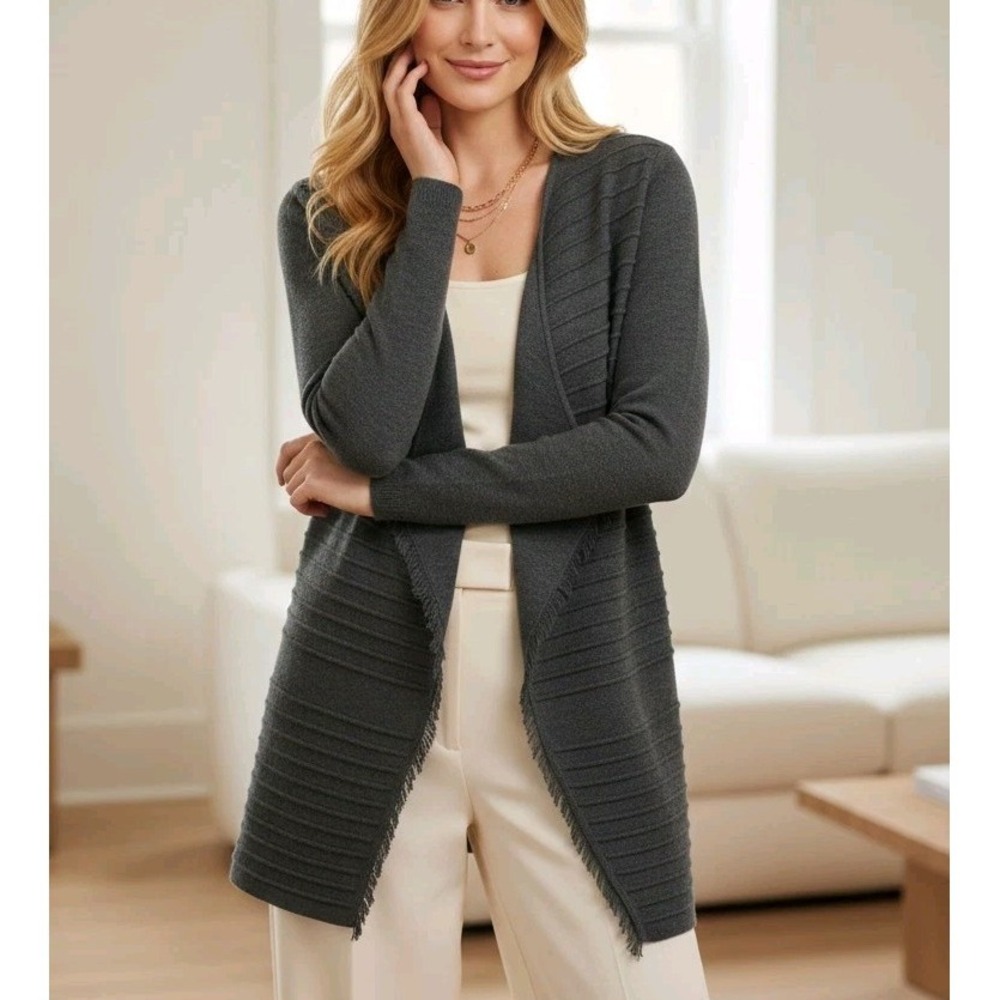 Talbots Merino Wool Fringe Cardigan PL Charcoal Gray Ribbed Open Front  Career